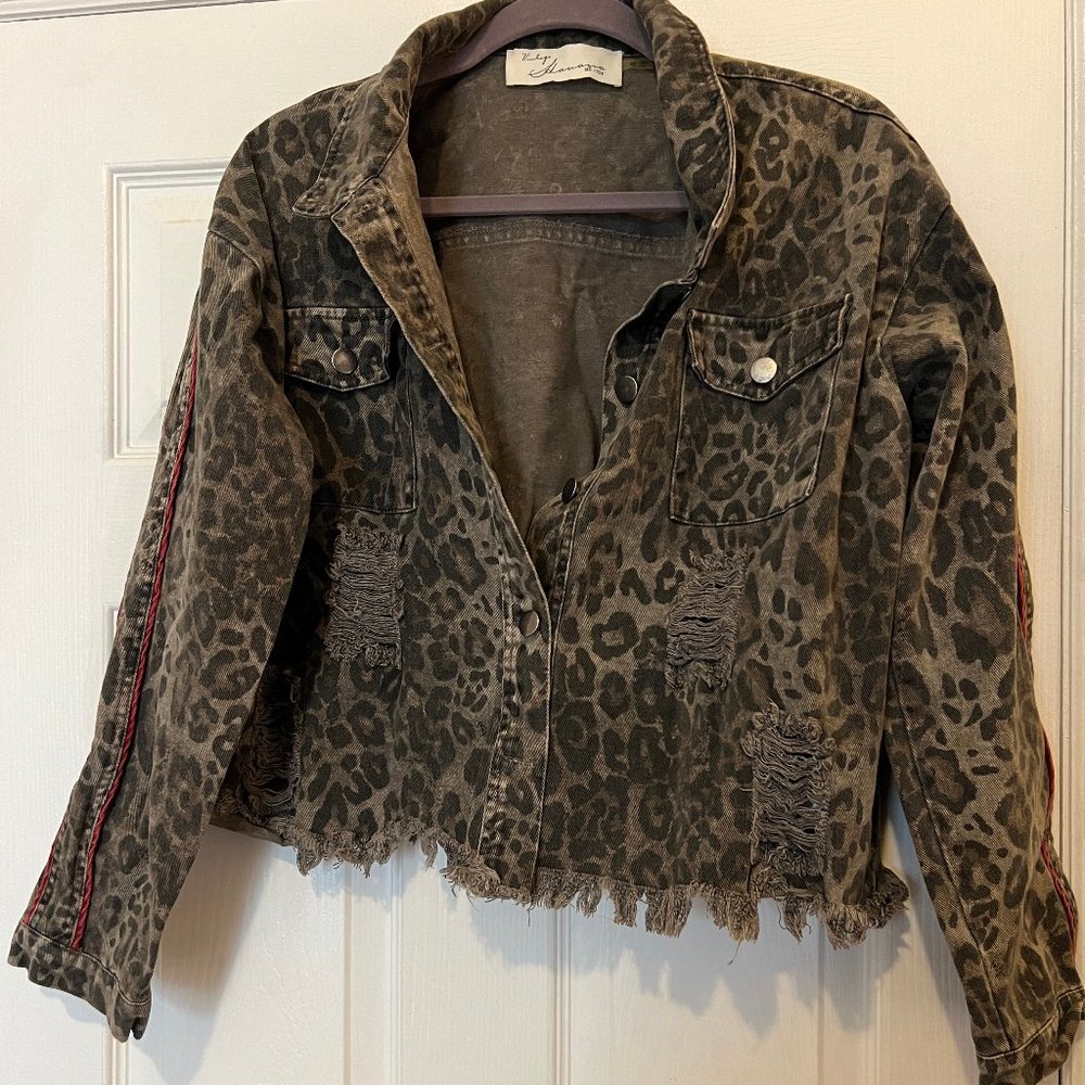Vintage Havana Denim Leopard Jacket with Red Detailing